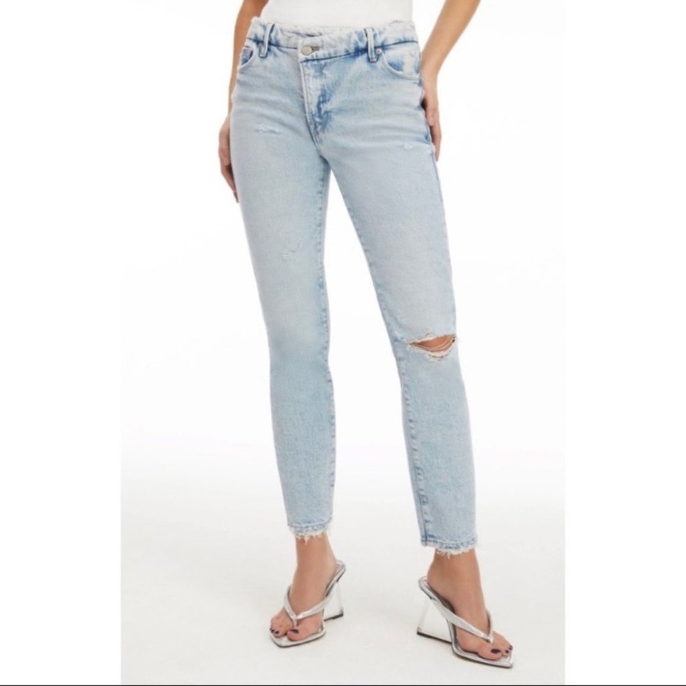 Good American Crossover Waist Distressed Skinny Jeans Blue 691 Light Wash